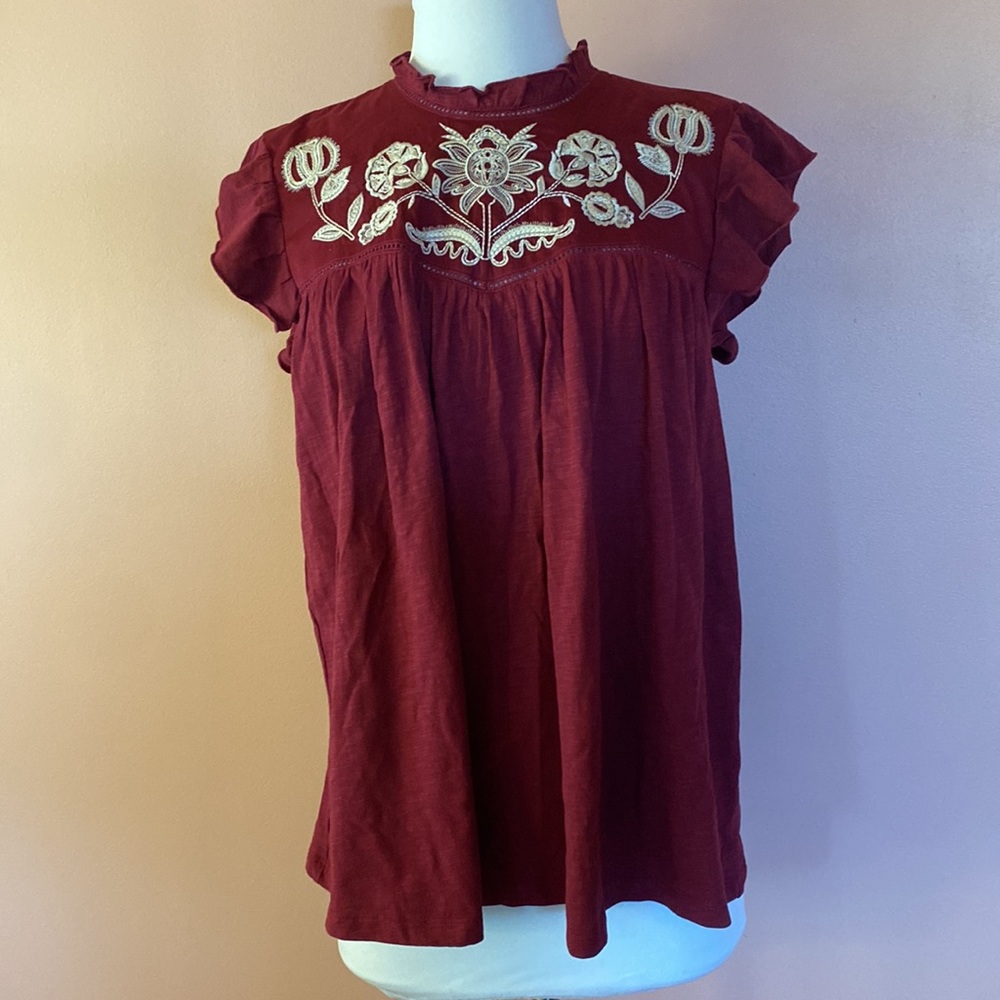 Flutter Sleeve Embroidered Top Blouse Knox Rose Red Purple Burgundy Floral NWT - Picture 7 of 8